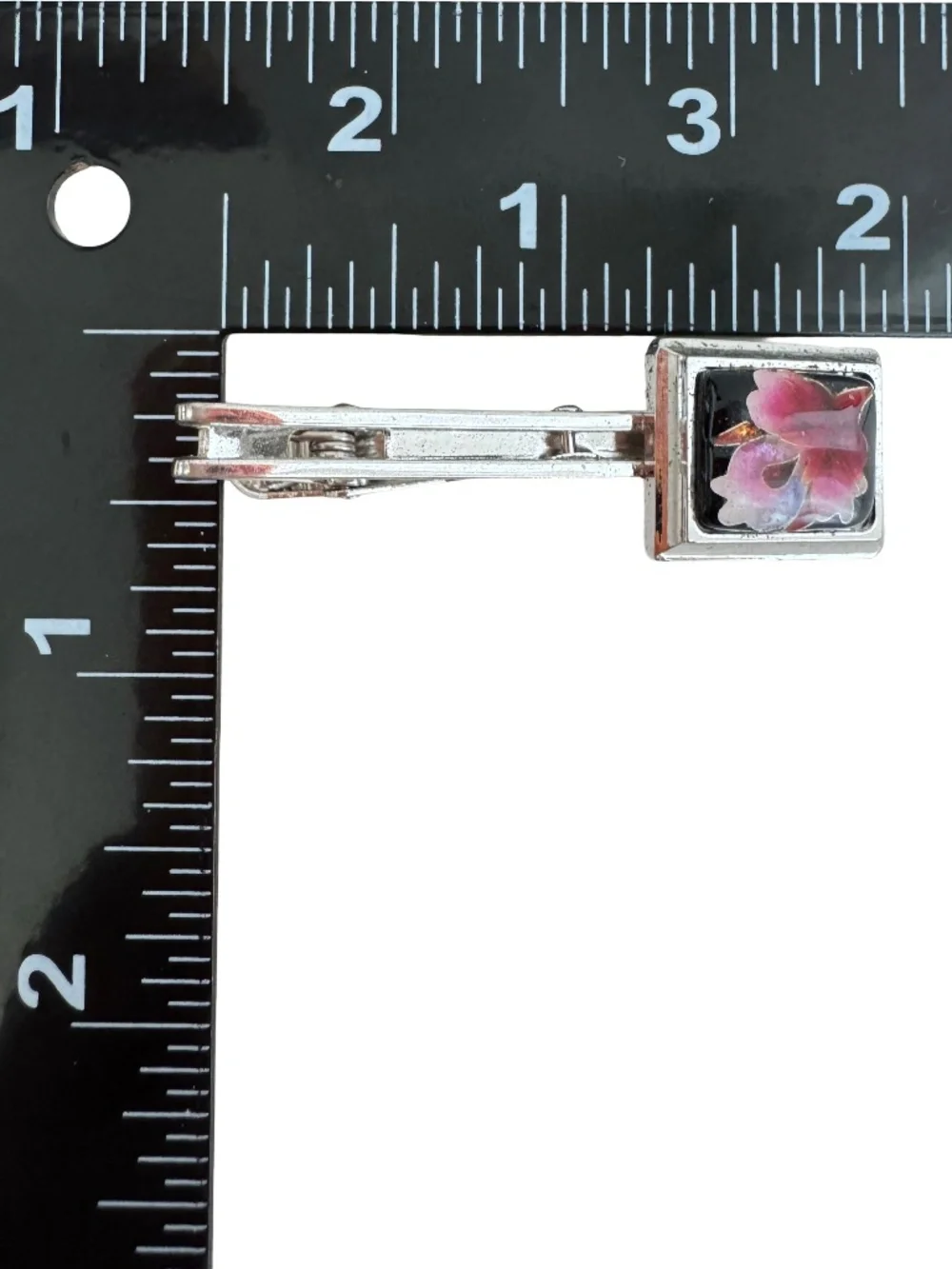 Vintage Japanese Cloisonne Tie Clip Pink White Floral Enamel Silver Tone Bar 2in